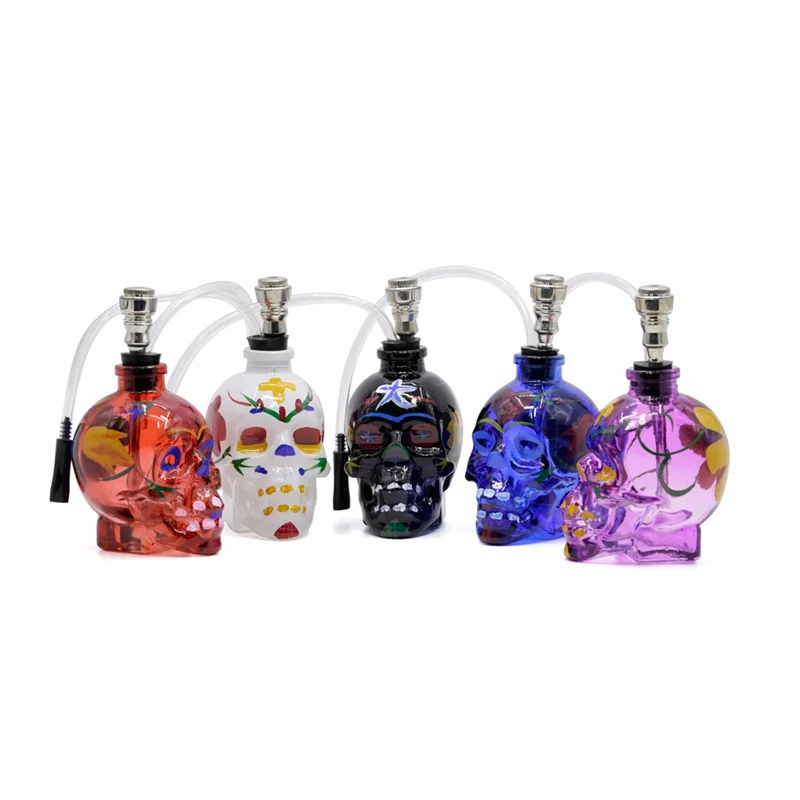 

Wholesale Hot Selling Colorful Print Glass Water Smoking Pipes Skull Shape Small Hookah Shisha, 9 colors