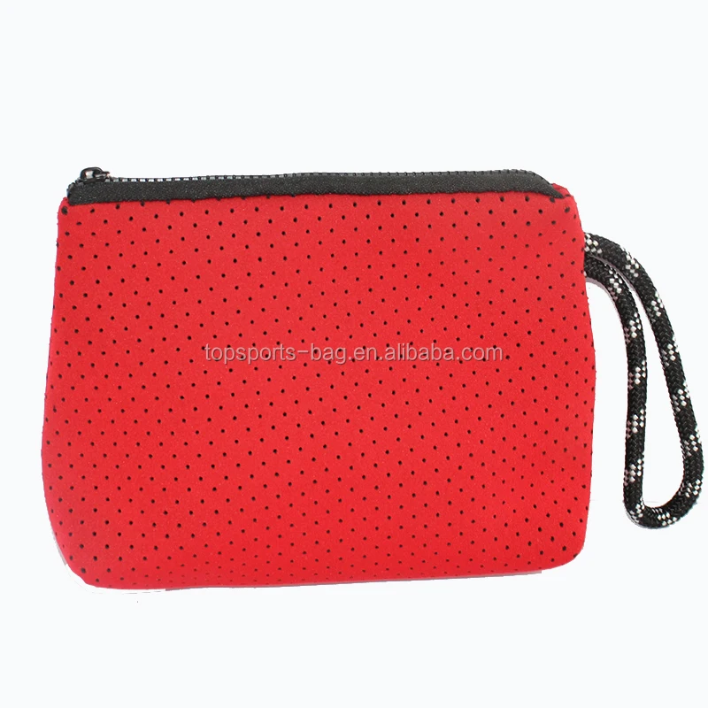 

Red Perforated Neoprene Makeup Pouch Bag Wristlet Travel Cosmetic Bag Coin Purse Clutch