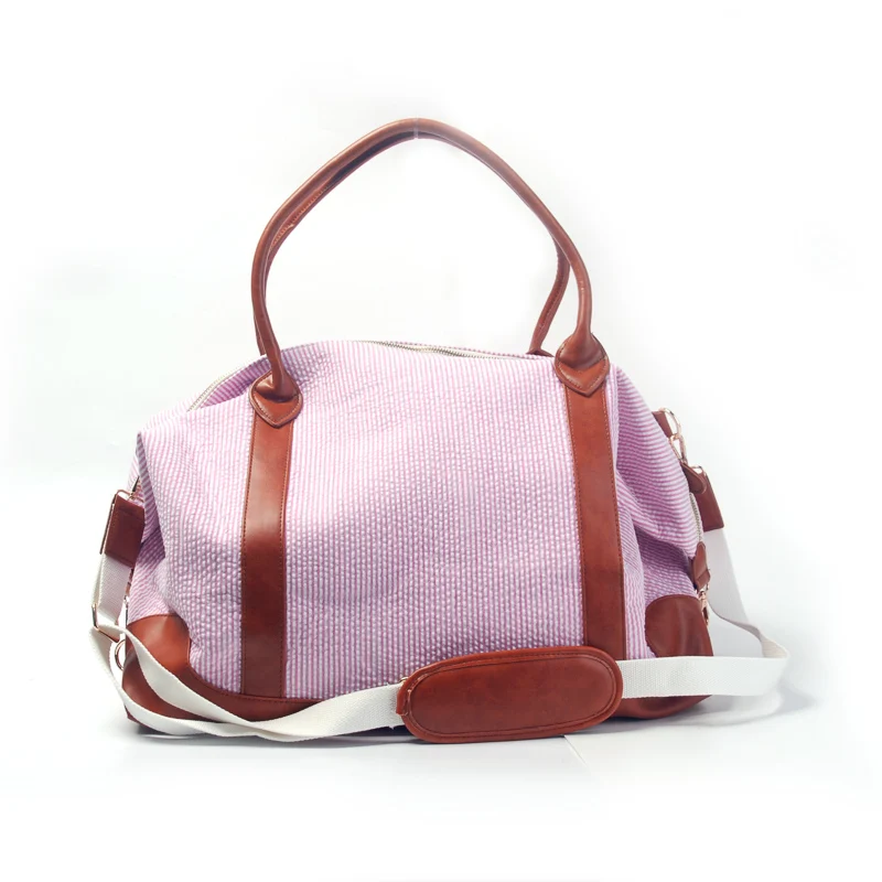 

DOMIL Custom Seersucker Stripe PU Leather Strap Duffel Tote Bag Travel Weekender Overnight Carry On Handbag for Women, Pink, kiwi, navy