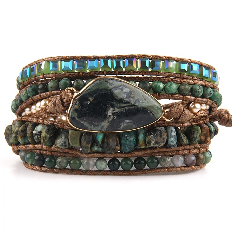 

Fashion Bohemian Festival Gift Jewelry Triangle Natural Stones Charm 5 Strands Mix Handmade Wrap Bead Bracelets