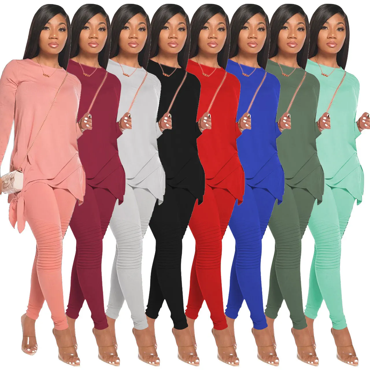 

20801-MX70 solid color long tops stacked leggings 2 piece sets women sehe fashion