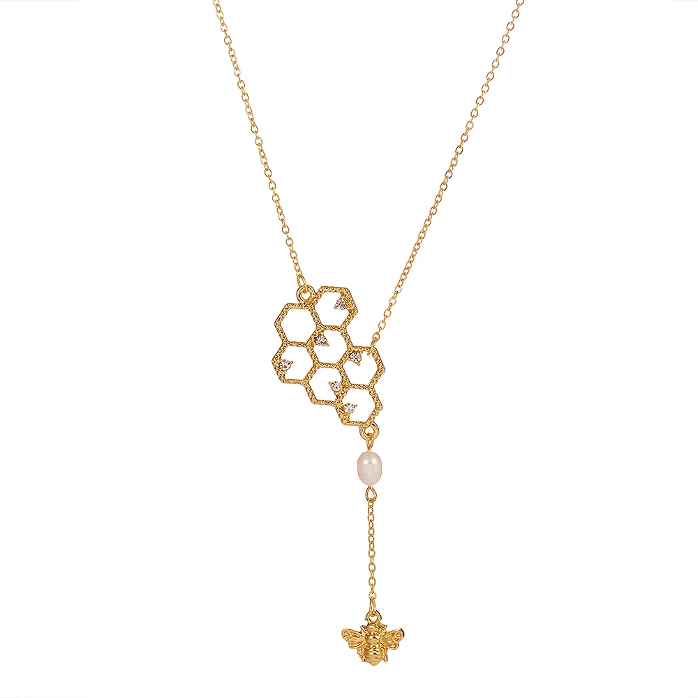 

Women Freshwater Pearl Necklaces Custom Gold Plated Chain Choker Diamond Bee Long Pendants For Honeycomb Jewelry Necklace