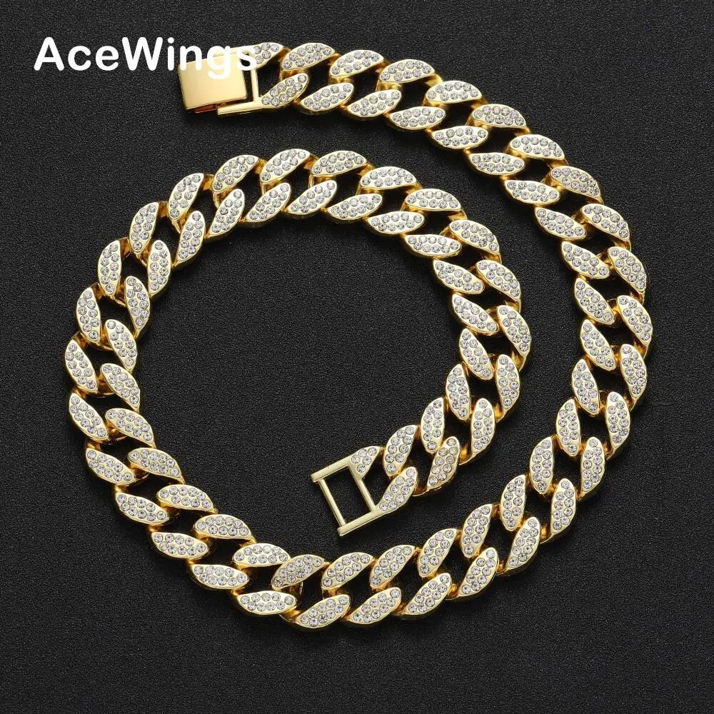 AC002 16" 18" 20" 24" 30"  15mm Alloy crystal Cuban Chain Hip Hop Iced out  Cuban Link Chain Necklace Bling bling Jewelry