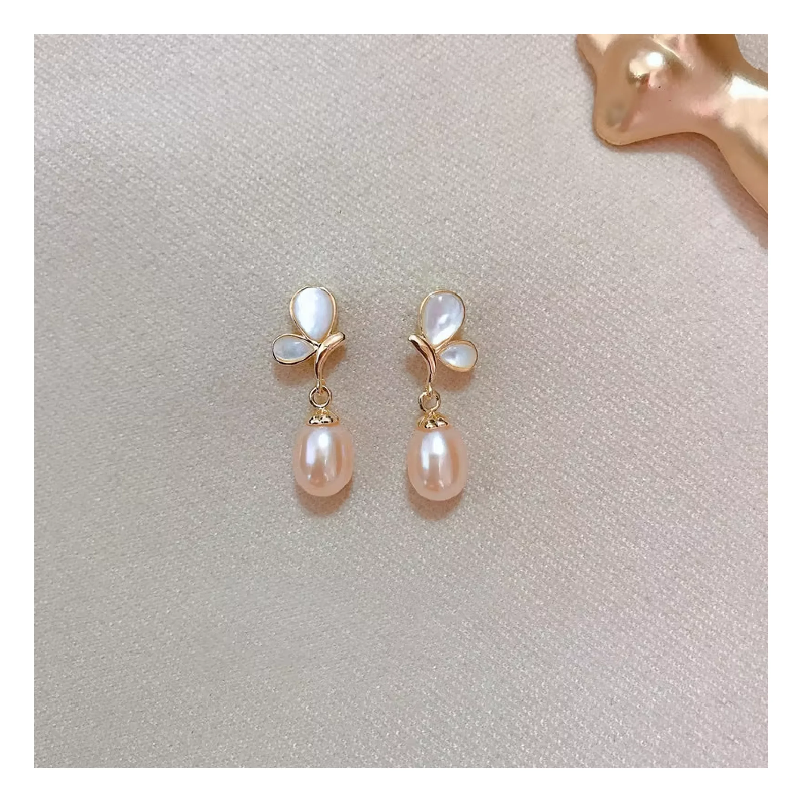 Needle Pearl Butterfly Freshwater Pearl Drop Earrings Brass 14K Gold Plated Romantic Natural Haiyang Third Party Certified
