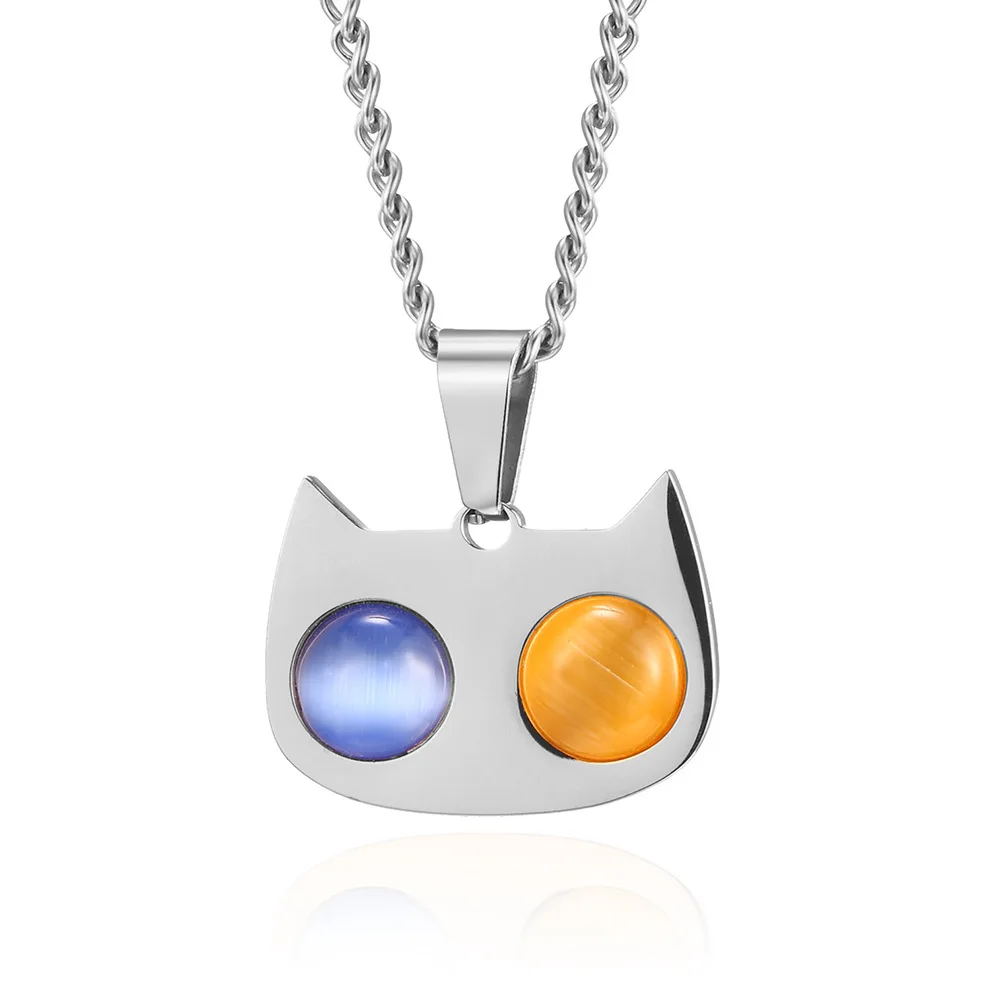 

New designer inlaid cat opal lovely cat pendant necklace Titanium stainless steel girls kids necklace wholesale