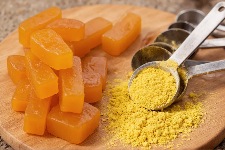 Close-up photograph of asafoetida resin blocks and powder showing the amber-colored substance on a wooden cutting board with measuring spoons