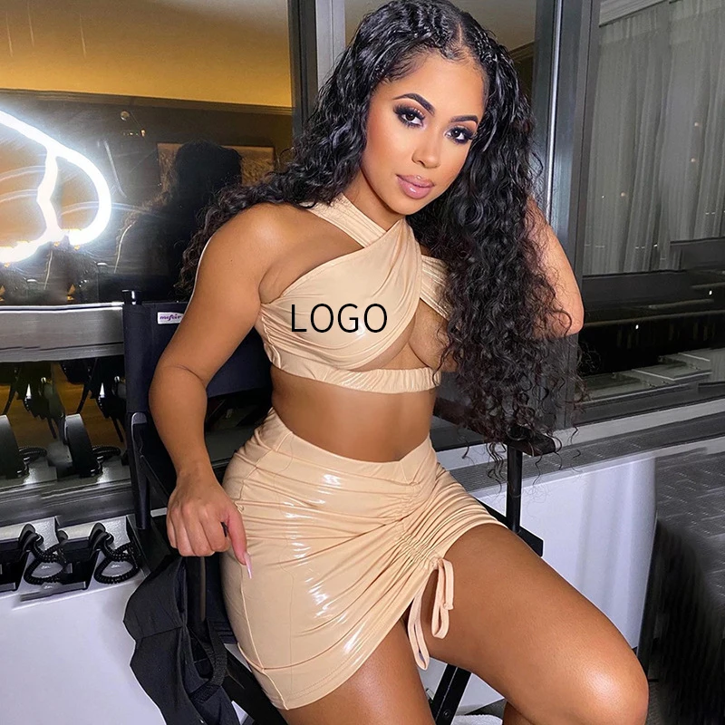 

short pants two piece Sexy Hollow Out Sleeveless Tank Tops And Stacked Skirt 2021 New Arrivals PU Leather Two Piece Sets