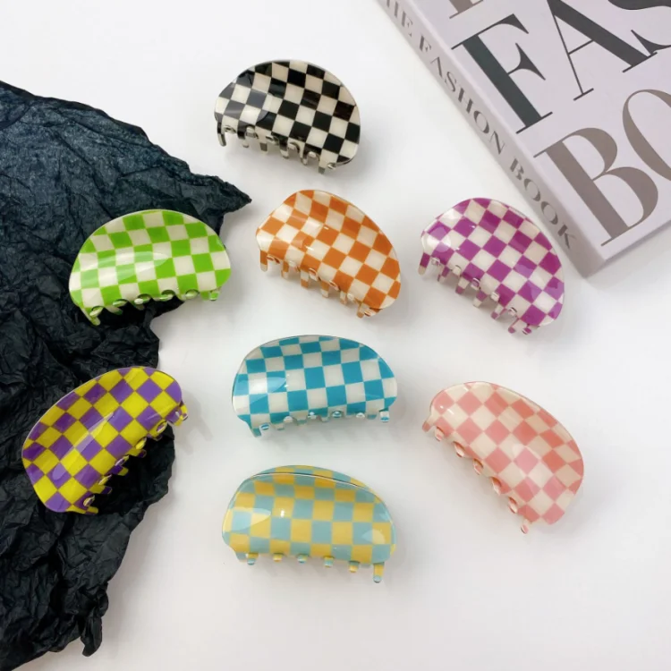 

European and American ins PVC material color checkerboard semicircle claw clips large hair women hairpin Lattice hair clip claw