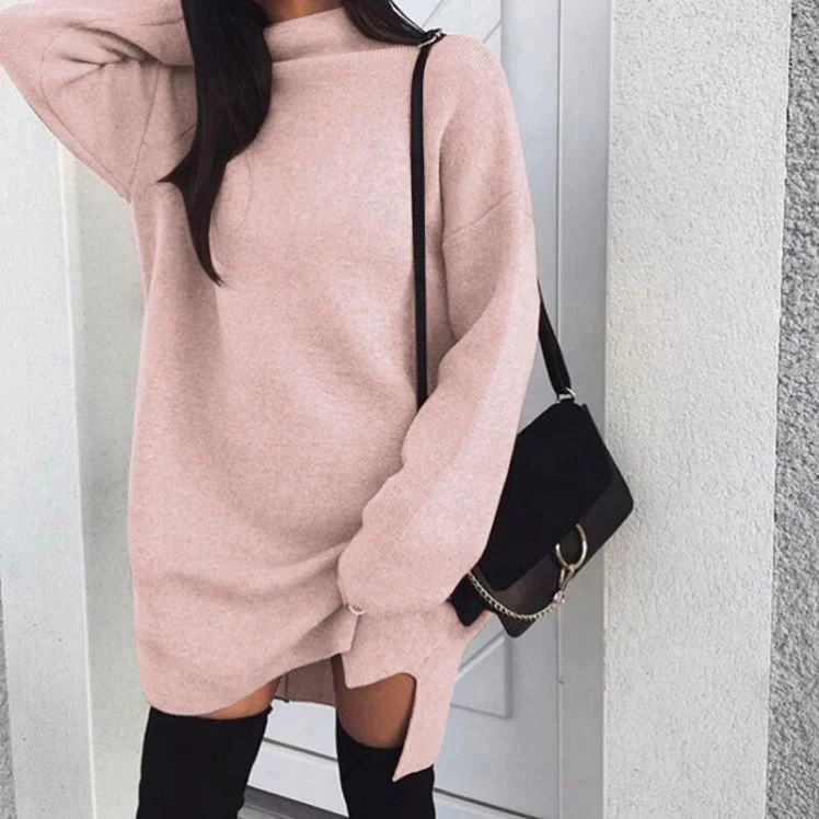 

Wholesale casual loose knitted turtleneck split sexy sweater dress for women, Any colors as per customer's requirement