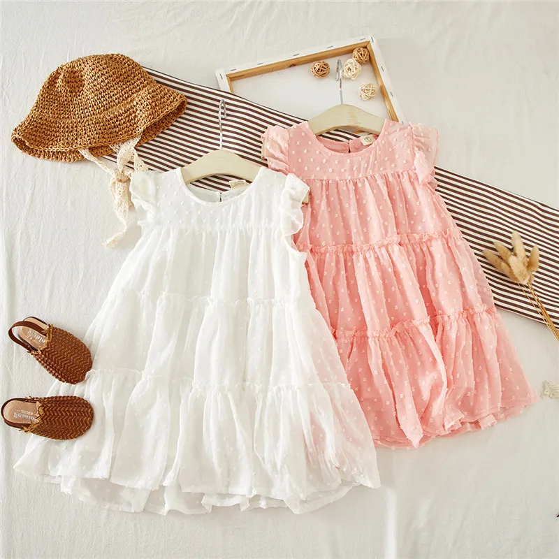 

New Summer fashion Dress baby Girls ruffled sleeveless casual layered dots holiday dress, As picture