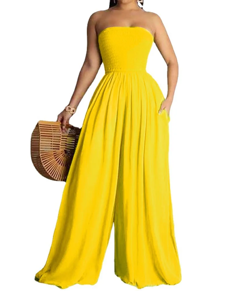 

Spring/Summer 2021 New Chest-Wrapped Solid Color Pocket Temperament Large Size Wide-Leg Jumpsuit