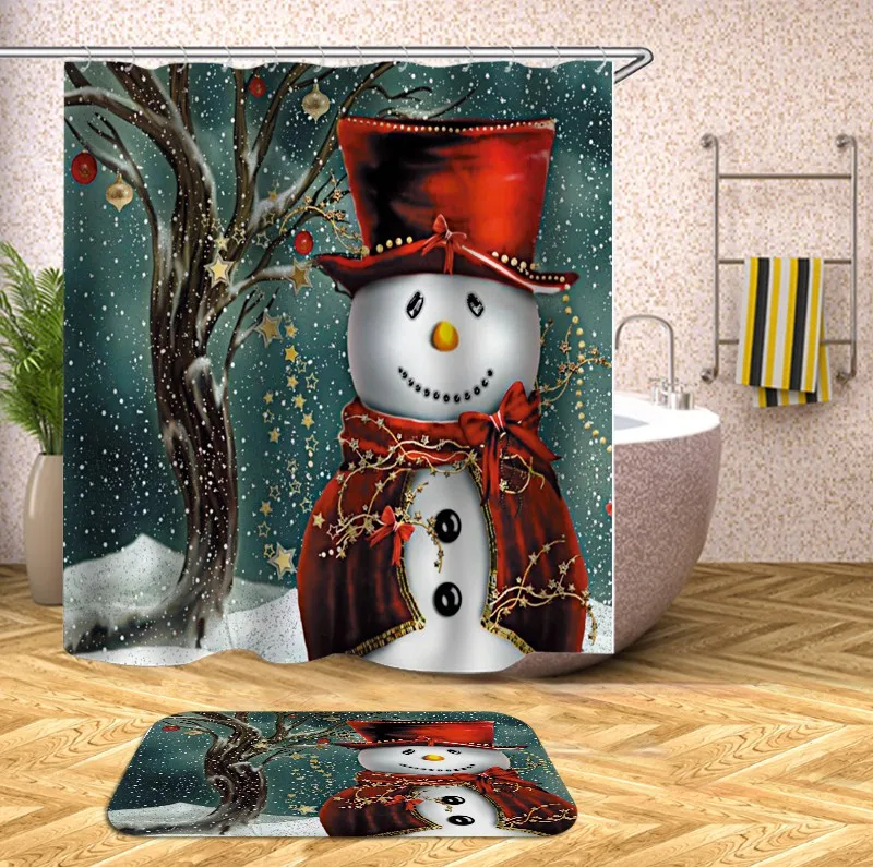 

Latest custom bathroom luxury ruffled digital printing Christmas shower curtain and rug set