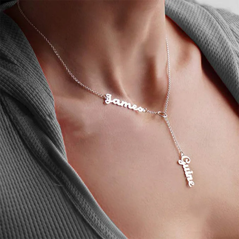 

925 Sterling Silver Double Name Plated Dangle Necklace For Women, Gold,silver,rose gold