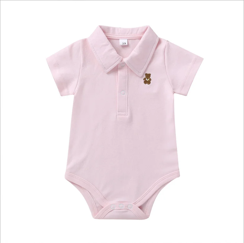 

Plain color baby shortsleeve bodysuit polo collar summer style with cute bear embroidery for 0-12M infants