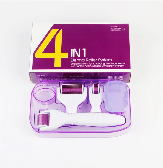 

DR006 Portable 4 in 1 derma roller set 0.5+1.0+1.5mm micro derma roller system, White handheld + purple roller