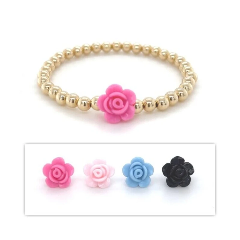 

Fancy Rose Stacking Bracelet Colorful Floral Charm 5mm 14k Gold Filled Beaded Bracelets