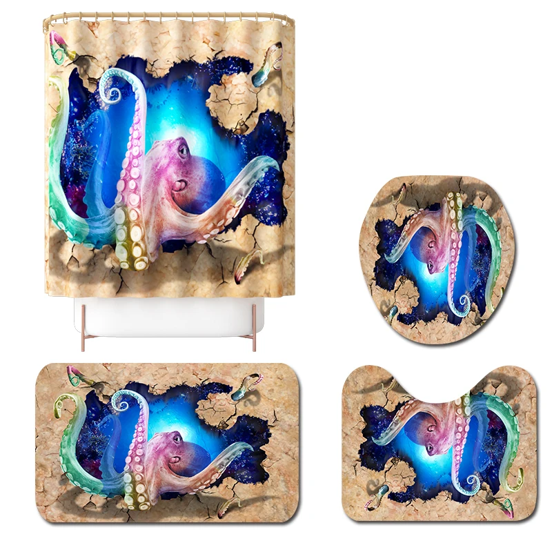 octopus waterproof polyester fabric 4 piece bathroom rug mat and shower curtain sets
