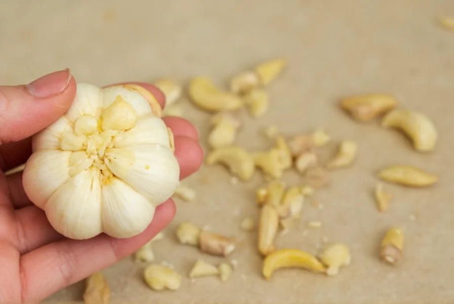 Chef's hand demonstrating proper garlic mincing technique with knife