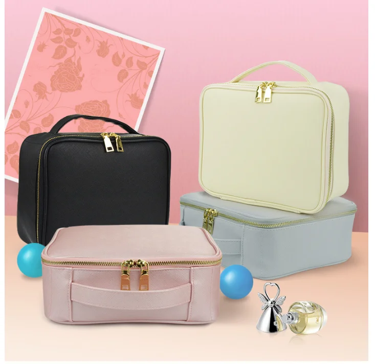 

private label professional portable fashion elegant Waterproof PU cosmetic bag standing handbag toilet bag custom logo, Pink, white, black, grey