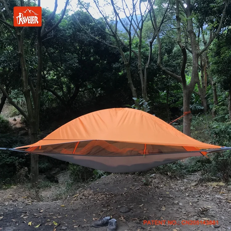 

Camping triangle tree tent with mosquito net and rain fly, Orange/blue/green