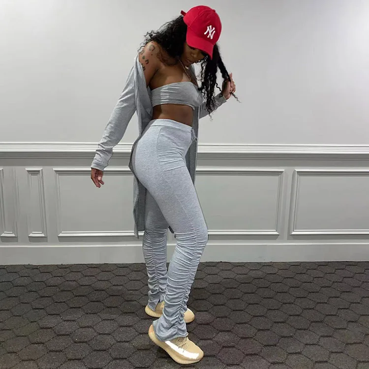 

Women Fall Clothing 2021 Casual Light Gray Strapless Cardigan And Long Pants 3 Piece Pants Set Three Pieces Lounge Wear Sets