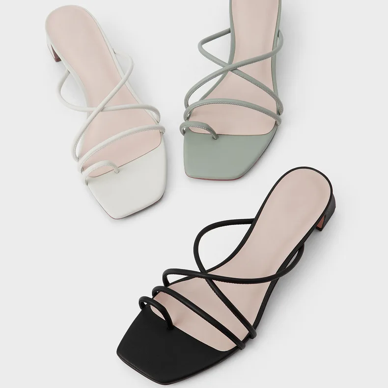 

Brand shoes women strappy toe ring sandals crisscross lady slippers chunky heeled sliders square toe female leisure mules