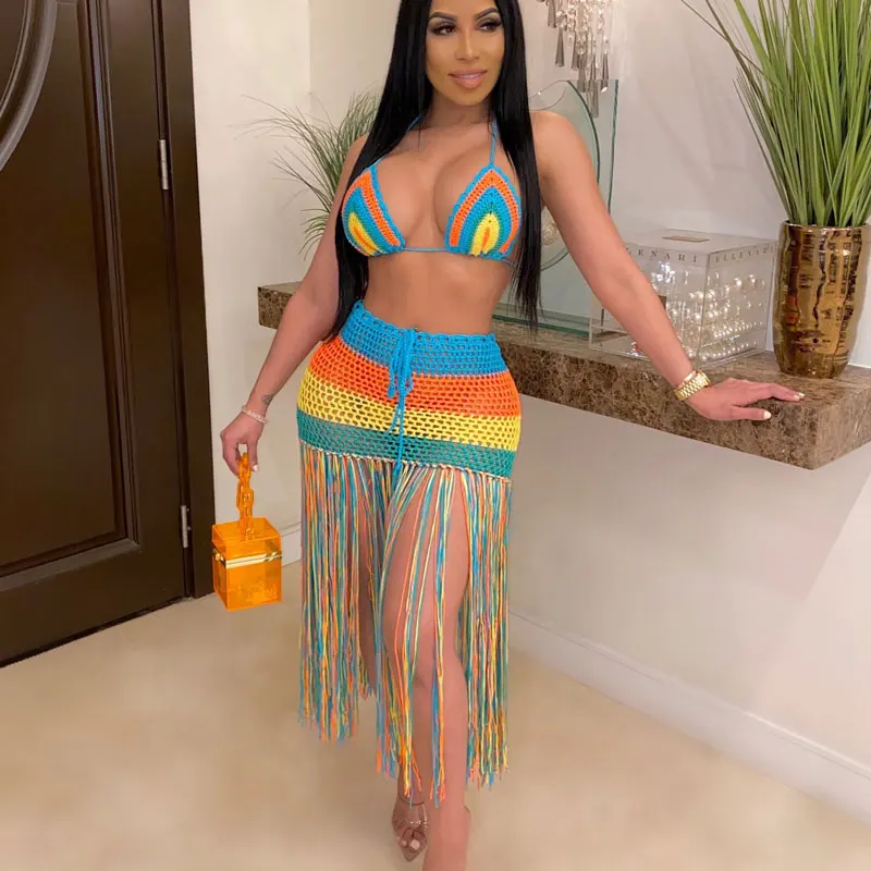 

FS3949A 2021 fashion crocheted tassels bathing suits woman beachwear cover up 2 piece swimsuit