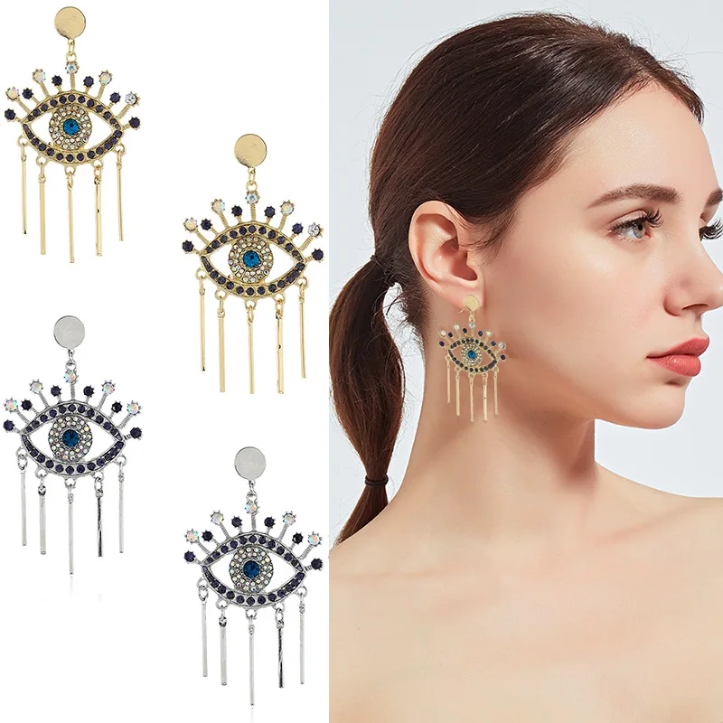 

Ethnic 18K Gold Metal Bar Tassel Diamond Eye Earrings Blue Zircon Evil Eyes Earrings