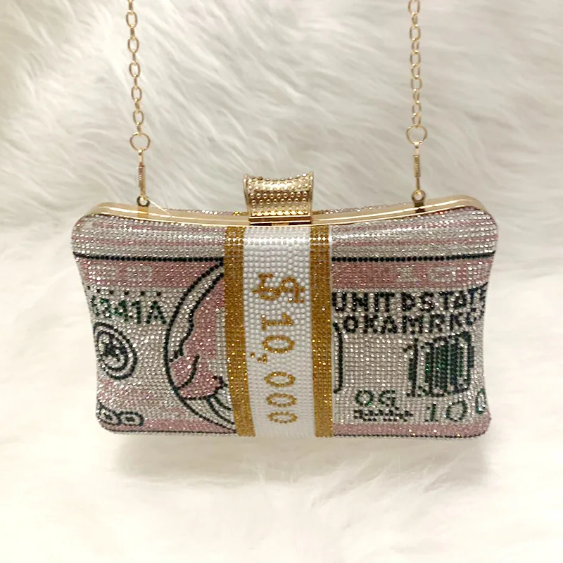 

2021 New Trend Women's Wedding Clutch Purse Evening Bags Fashion Design Dollar Pattern Diamond Party Handbags Chain Shoulder Bag, 3colors