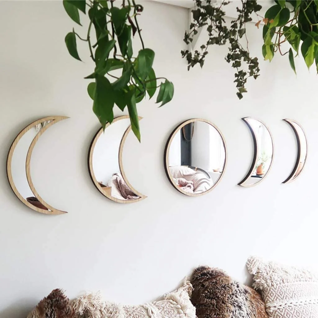 

5 Piece/Set Natural Boho Grass Decorative Mirror Antique Moon Style Mirror For Wall Decoration Wholesale, Black/wood color