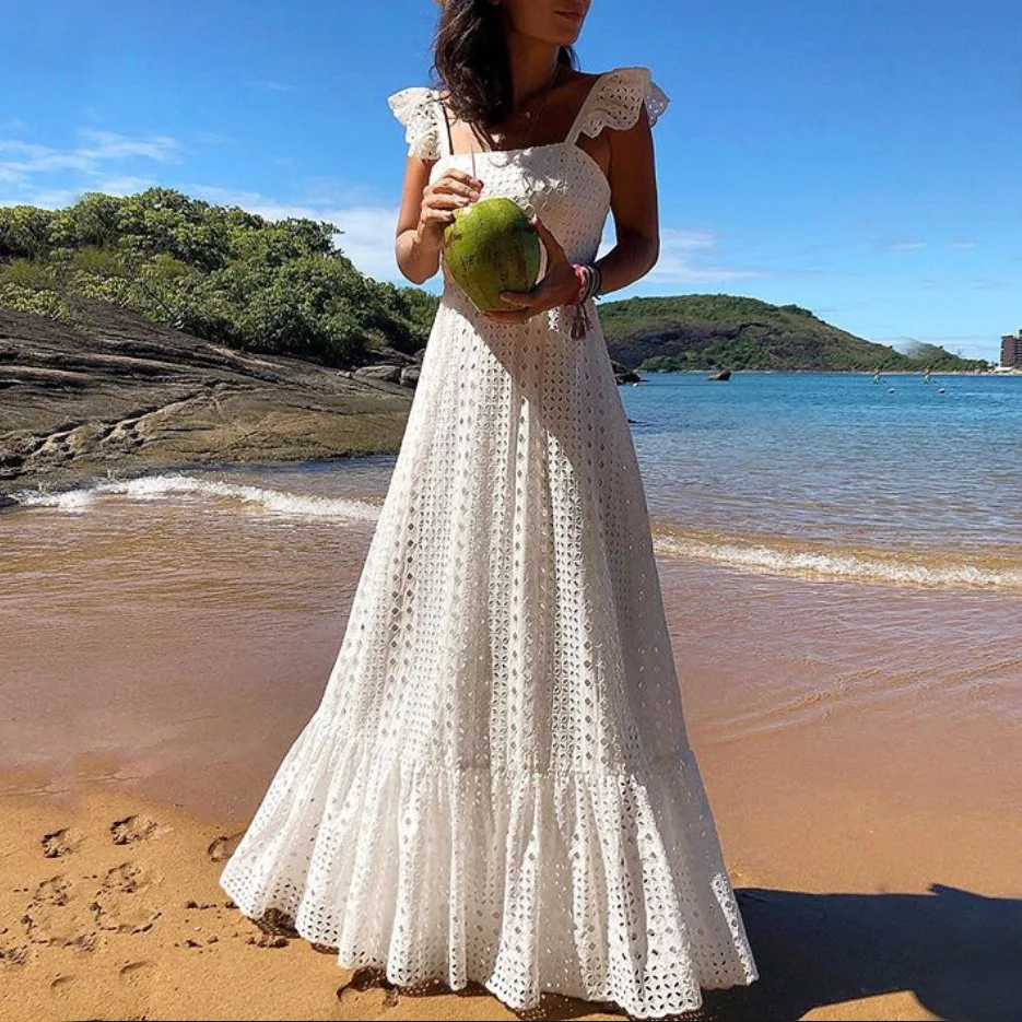 

Women Lace Sleeveless lace beach BOHO long Dress