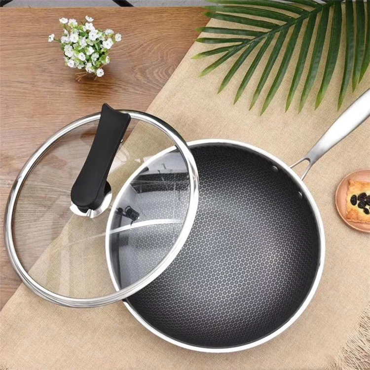 

Triple Layered 304 Stainless Steel Honeycomb Non-Stick Process Frying Pan With Lid Gas and Induction Cooking Pan, Silver and black