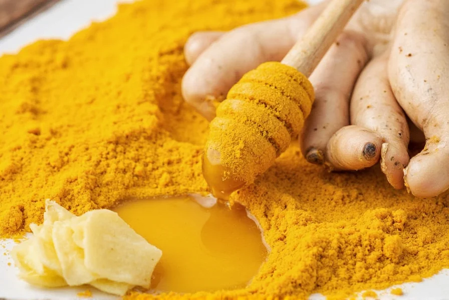 Golden honey turmeric ginger mixture in glass jar with spoon