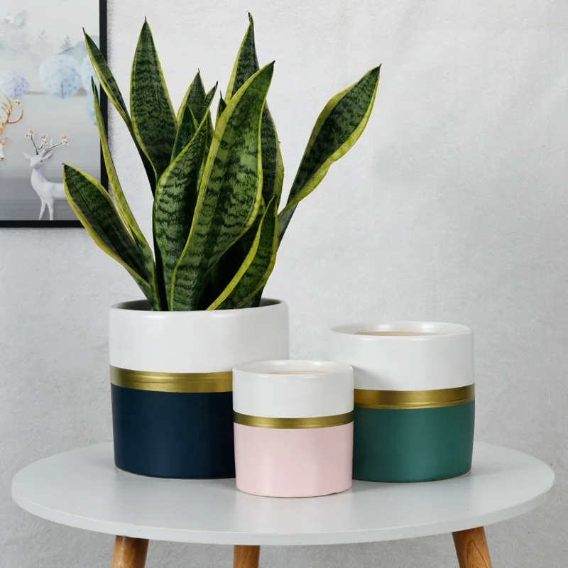 

European style New design painted cylinder pot with gold line luxury ceramic planter pot ceramic pots for succulent cactus, As picture