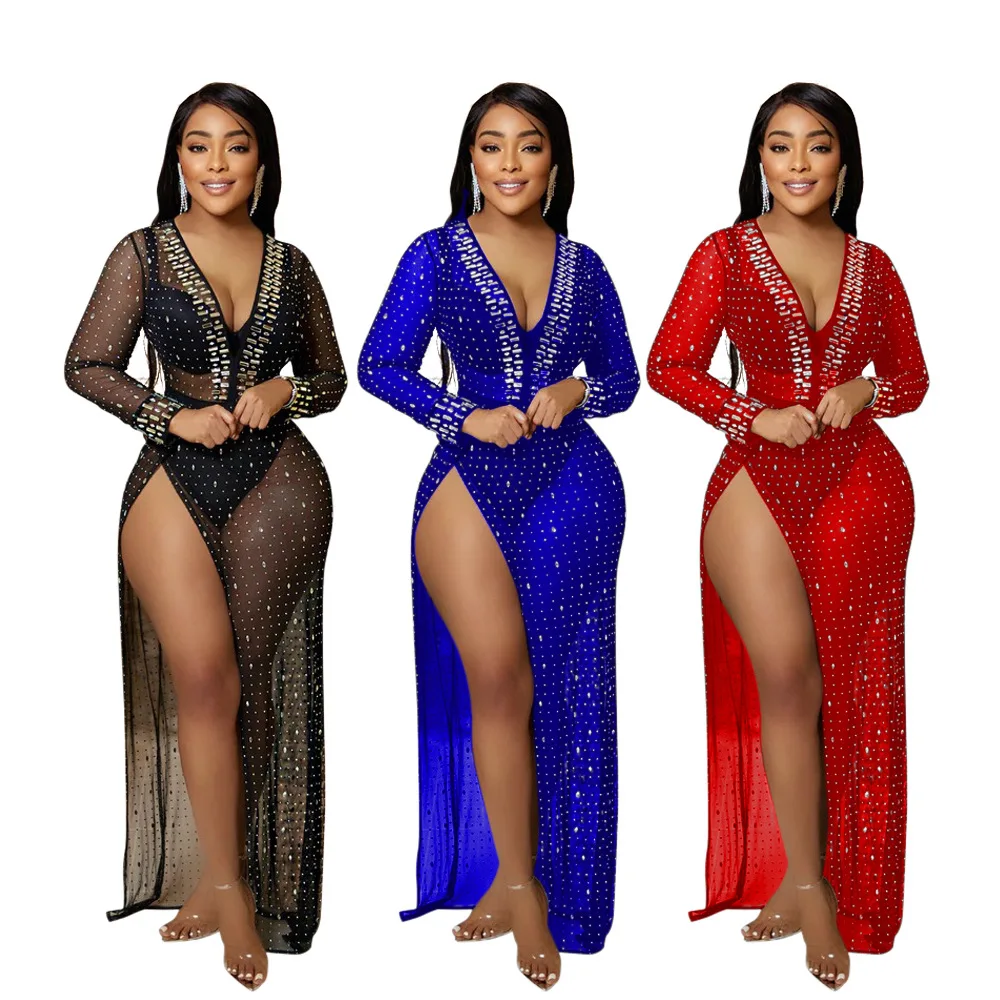 

M4368 - sexy v neck split rhinestones long sleeve women dresses