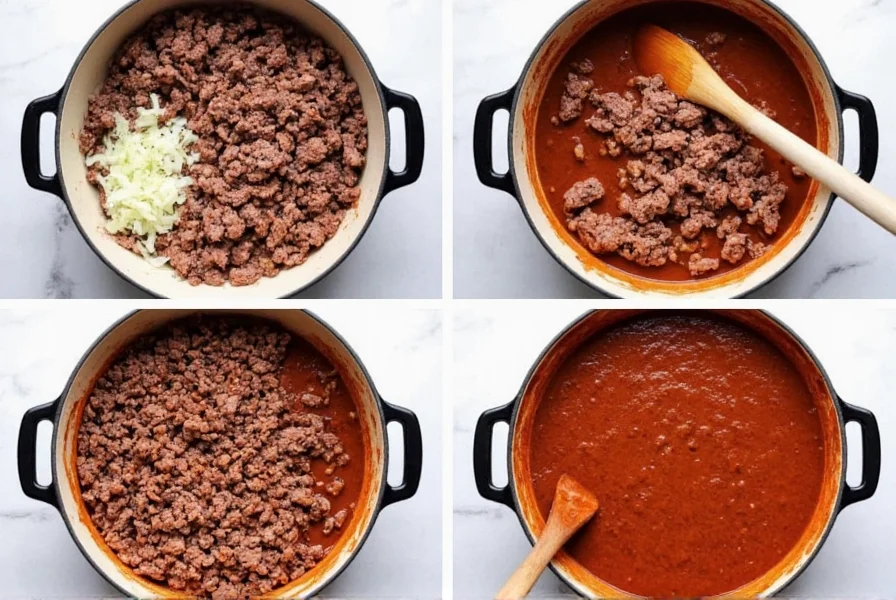 Step-by-step preparation of chili with beans showing ground beef browning in heavy pot with diced onions and garlic
