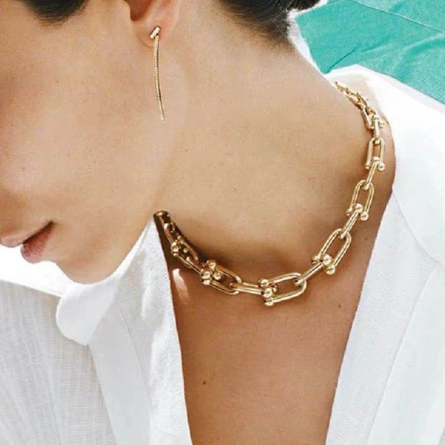 

Fashion Adjustable Gold Silver Rose Gold Brass Chunky U Link Chain Necklaces Women Jewelry