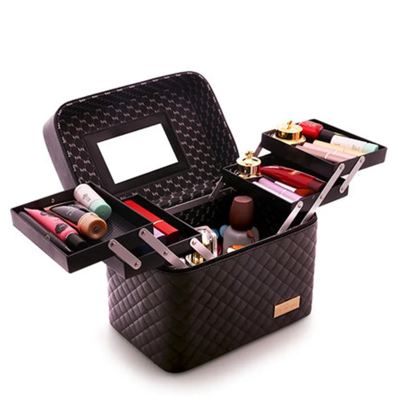 

Women Large Capacity Professional Makeup Organizer Fashion Toiletry Cosmetic Bag Multilayer Storage Box Portable Pretty Suitcase