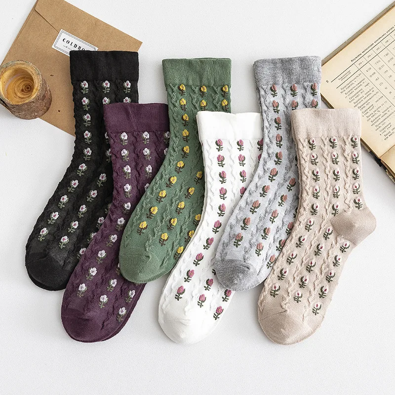 

JULY'S SONG Japanese Flowers Pattern Women Socks Autumn Lovely Cotton Tube Socks Fashion Sweet Girls Breathable Socks, Grey, black, white, khaki, purple, green