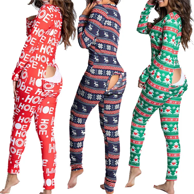 

Autumn and winter button flip adult pajamas printed Christmas long-sleeved home service jumpsuit party jumpsuit women