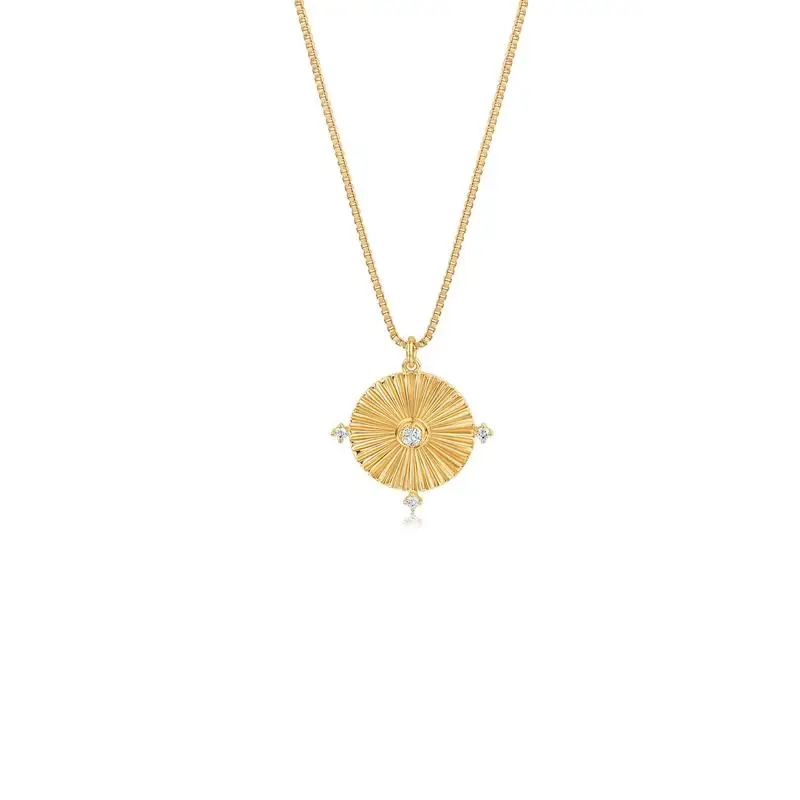 

925 sterling silver 18k gold plated necklace vintage talisman inlaid with cubic zirconia FOUR STONE ROUND TEXTURED PENDANT