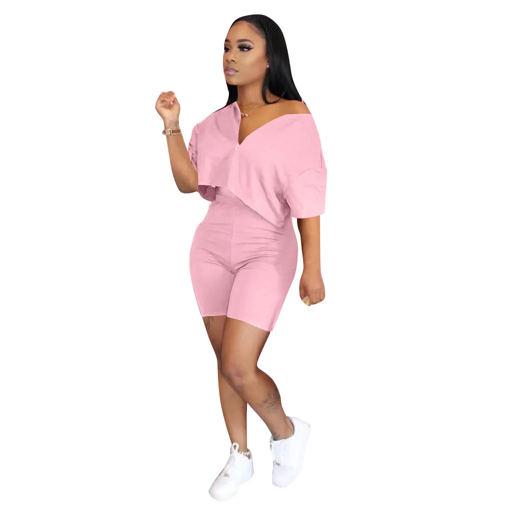 

Trendy Womens Two Piece Sets Solid Crop Top Summer Casual Short 2 Piece Set, Picture