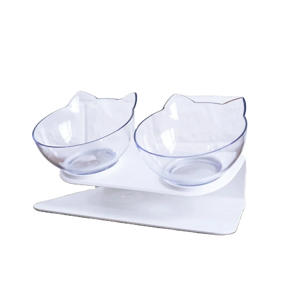 

New Design Cat Elevated Double Transparent Plastic Bowl 15 Degree Bevel Protect Cervical Spine Cat Dog Eating Water Bowl, Transparent color, white, black, customized