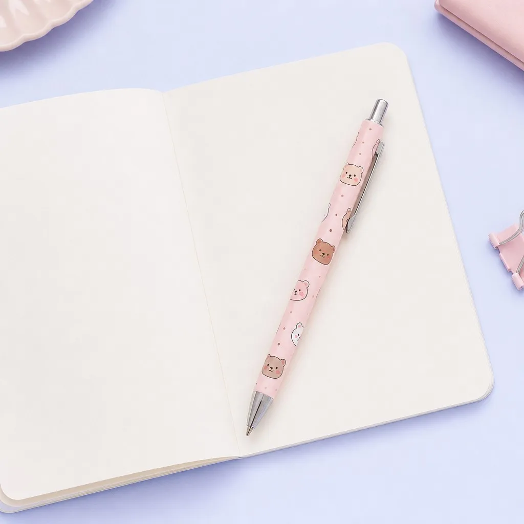 Pen resting on an open notebook with pink stationery
