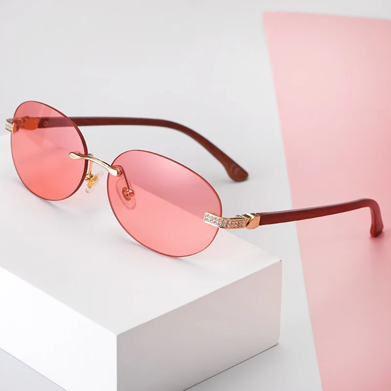 

New Diamond Rimless Sunglasses Fashion Round Frame Wood Sunglasses 2022