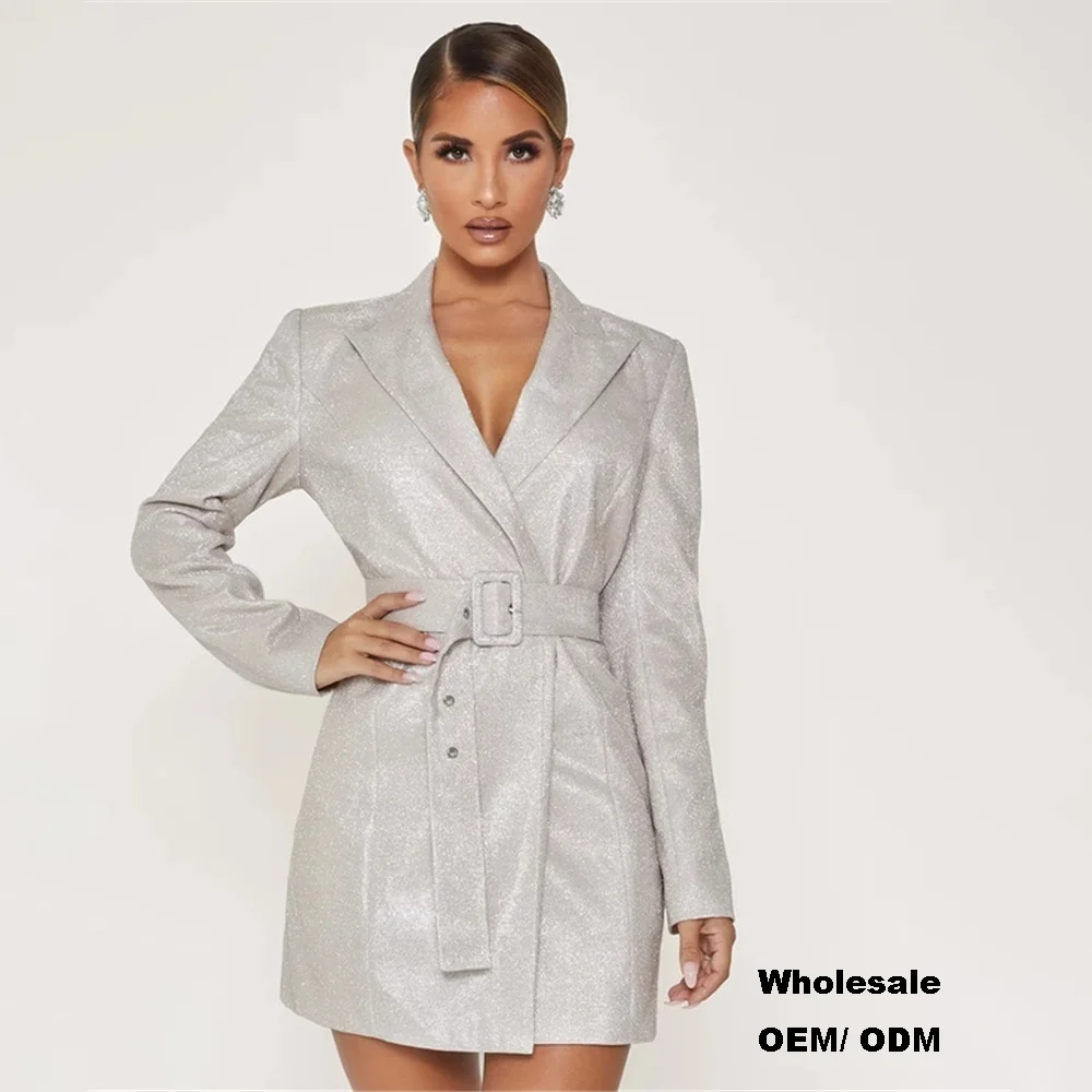 

Fashion Glitter Lapel Slim Fit Long Sleeve Ladies Women Long Coats Sliver Blazer Dress, Customized color