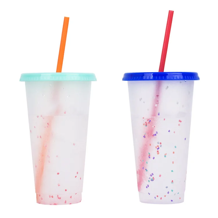 

Wholesale taza magica 16oz 24oz Reusable Plastic Cold Color Changing Tumblers Smothie Confetti Cups with Colorful straw, Color change