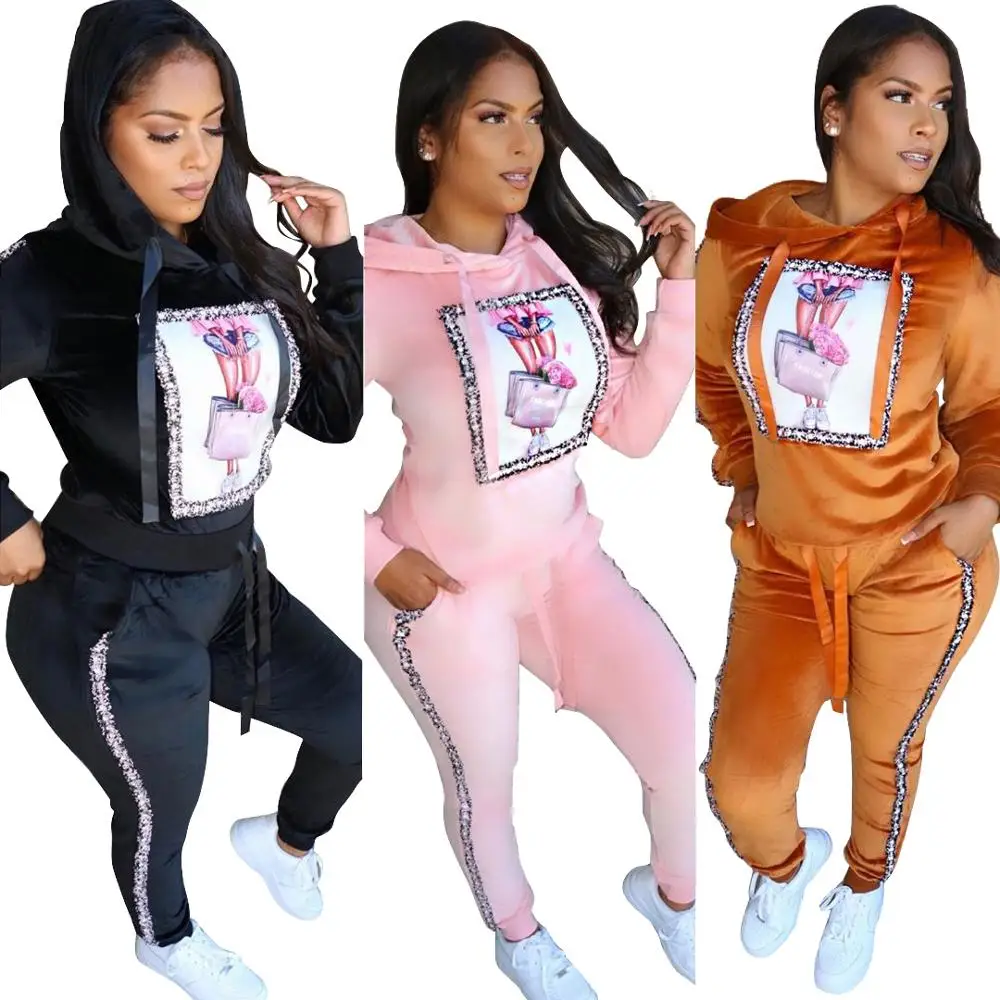 

Hot sale long sleeve long pant winter ladies hooded sweatshirt sport suit two pieces set for woman