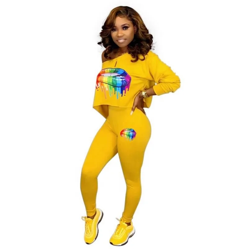 

VOOGUE Women's Casual Suits Fall Winter Lips Print Diagonal Shoulder Two-piece Suit