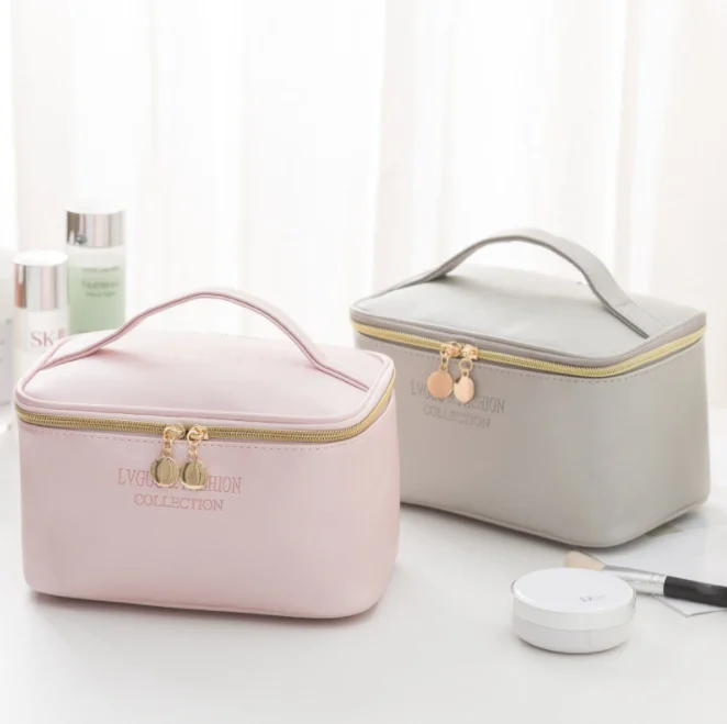 

customize logo big size portable PU makeup cosmetic case, Pink, black, grey